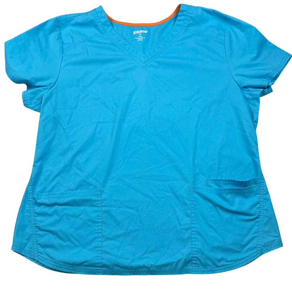 SCRUBS STAR Women XL Turquoise V-Neck Scrub Top Short Sleeve Pockets Scrubwear